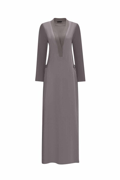 T25Y-4076 V Yaka Triko Astarlı Keten Elbise BLACK - 6