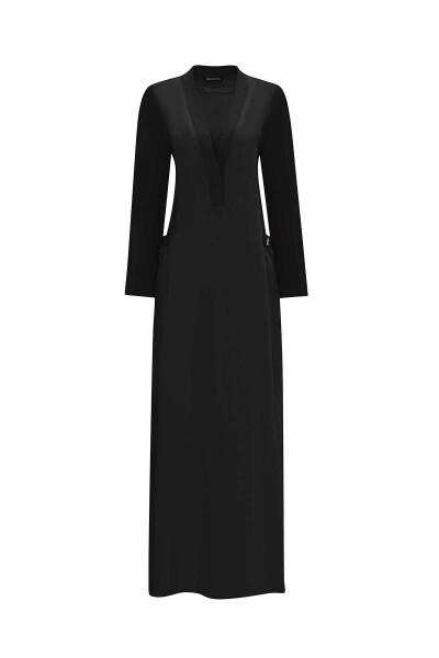 T25Y-4076 V Yaka Triko Astarlı Keten Elbise BLACK - 10