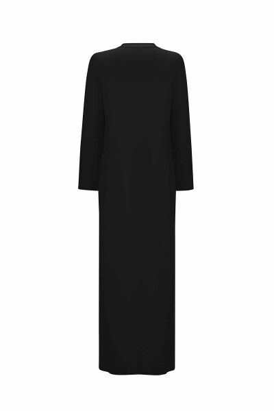 T25Y-4076 V Yaka Triko Astarlı Keten Elbise BLACK - 11