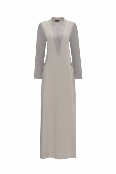 V Yaka Triko Astarlı Keten Gri Elbise - 1