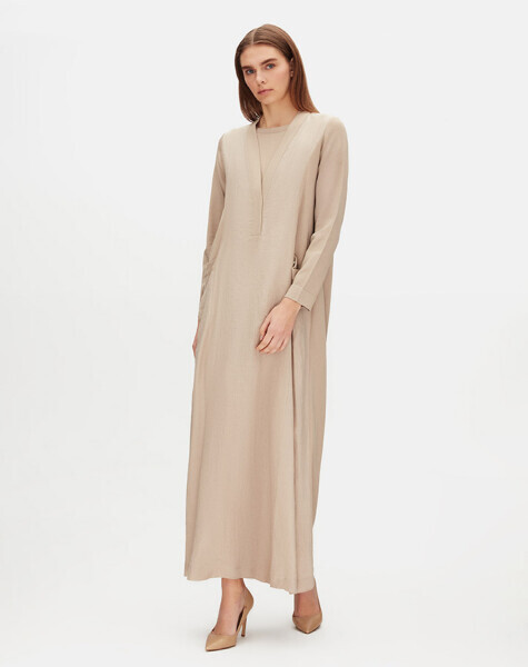 V Yaka Triko Astarlı Keten Taş Rengi Elbise - 1