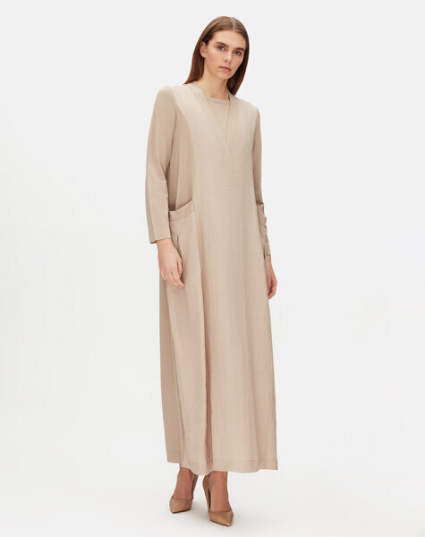 V Yaka Triko Astarlı Keten Taş Rengi Elbise - 3