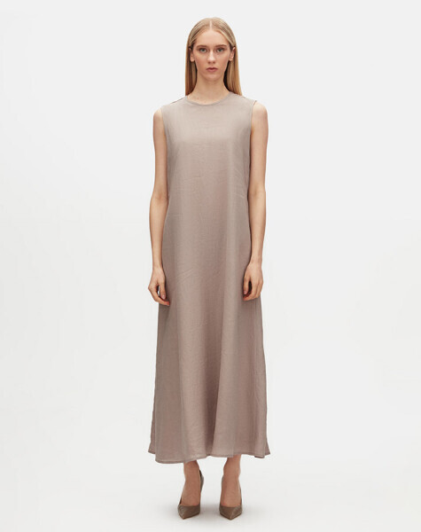 T25Y-4077 Düz Renk Keten Kolsuz Elbise STONE - 2