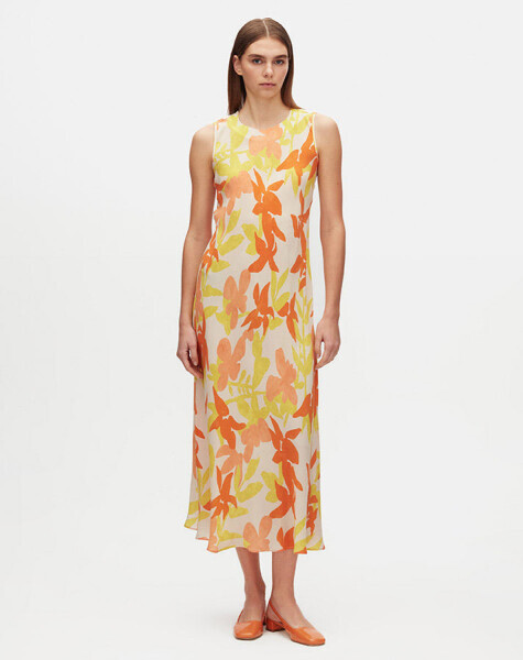 T25Y-4079 Renkli Çiçek Desenli Kolsuz Cupro Elbise FUCHSIA - 1