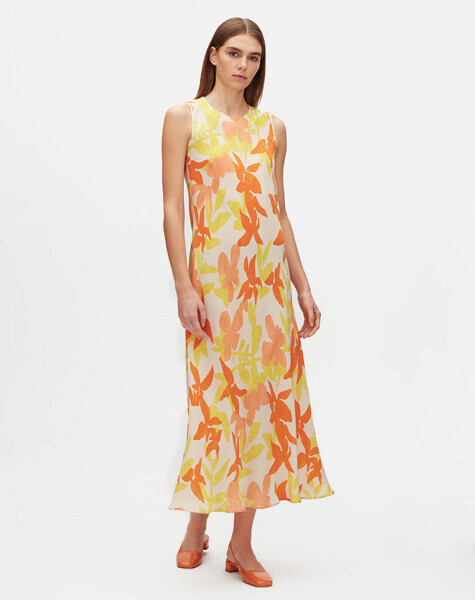 Renkli Çiçek Desenli Kolsuz Cupro Turuncu Elbise - 2