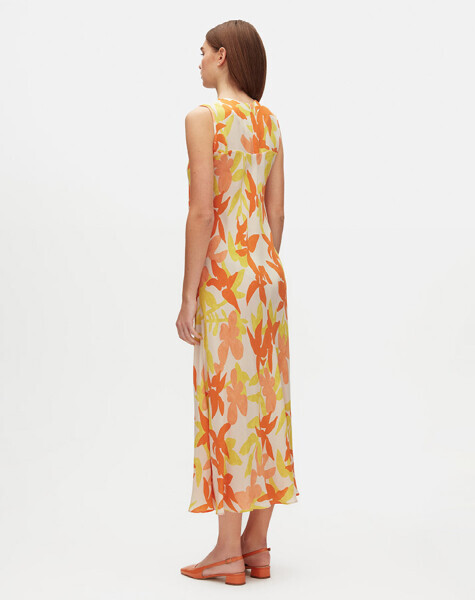 Renkli Çiçek Desenli Kolsuz Cupro Turuncu Elbise - 3