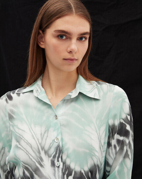 Uzun Kollu Kuşaklı Desenli Yeşil Elbise - 3