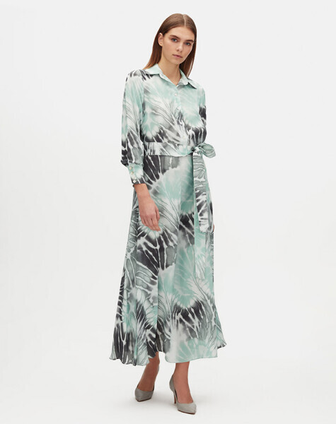 Long Sleeve Belted Patterned Dress - MISS DALIDA