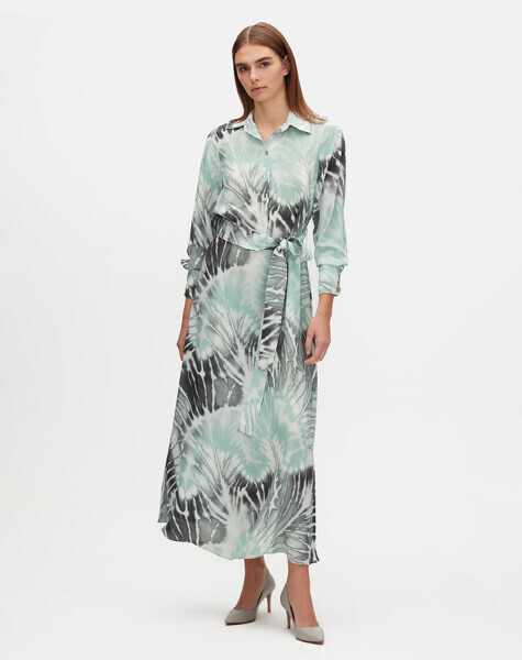 Uzun Kollu Kuşaklı Desenli Yeşil Elbise - 2