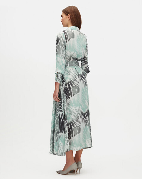 Uzun Kollu Kuşaklı Desenli Yeşil Elbise - 4