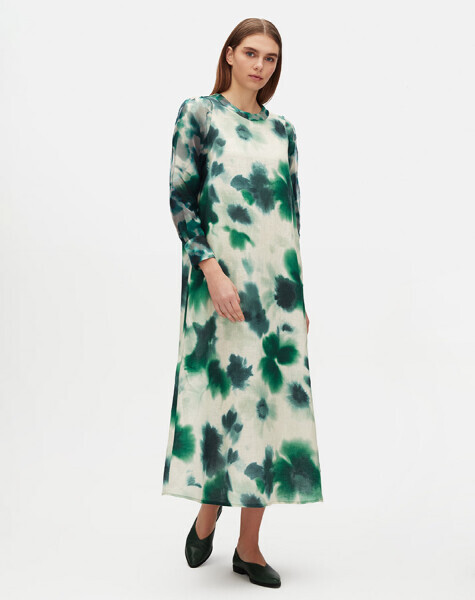 T25Y-4085 Degrade Çiçek Baskılı Uzun Kollu Elbise GREY - 1