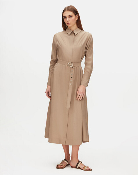 Gizli Patlı Kemerli Taş Rengi Elbise - MISS DALIDA