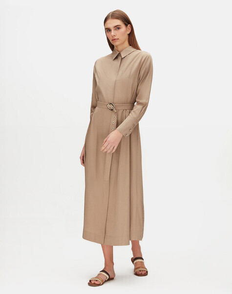 Gizli Patlı Kemerli Taş Rengi Elbise - 2