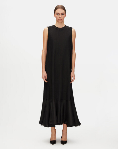 Etek Ucu Volanlı Kolsuz Siyah Elbise - 1