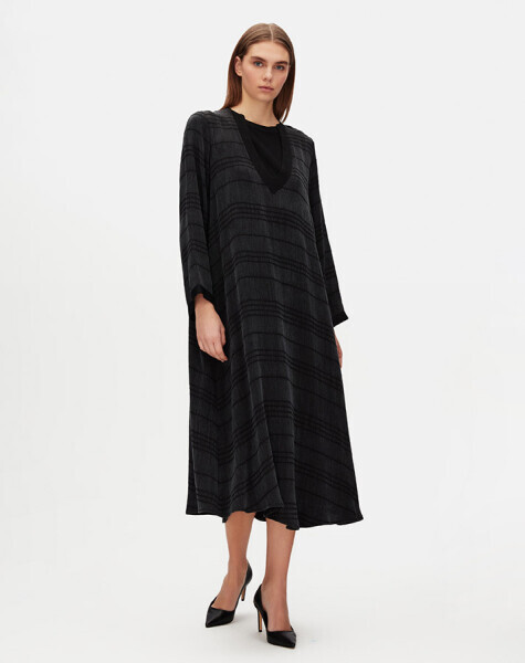 T25Y-4088 V Yaka Jakarlı Cupro Elbise BLACK - 1