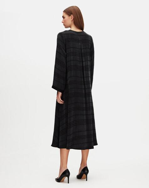 T25Y-4088 V Yaka Jakarlı Cupro Elbise BLACK - 3