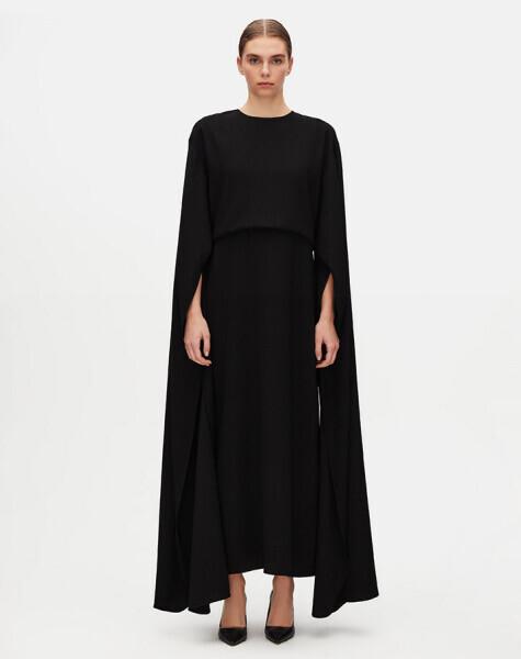T25Y-4094 Pelerin Kol Kumaş Elbise BLACK - 1