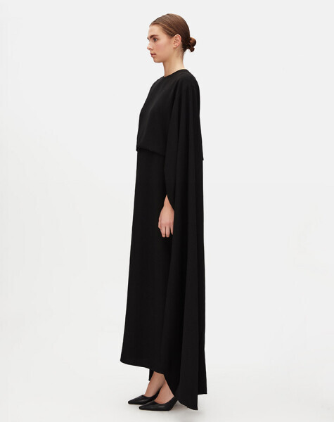 T25Y-4094 Pelerin Kol Kumaş Elbise BLACK - 2
