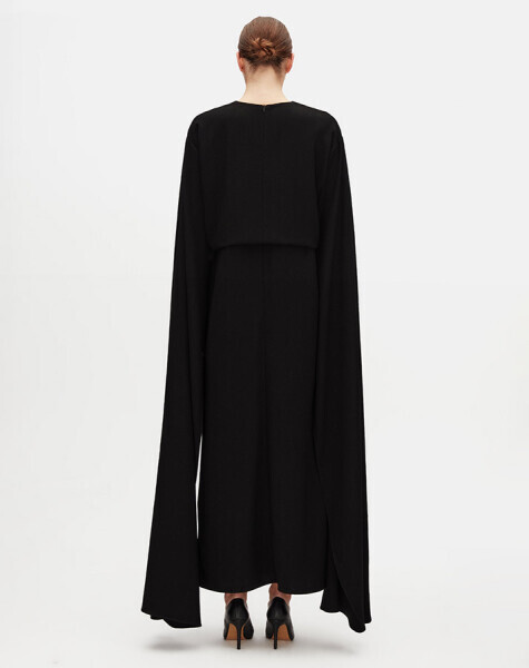 T25Y-4094 Pelerin Kol Kumaş Elbise BLACK - 3