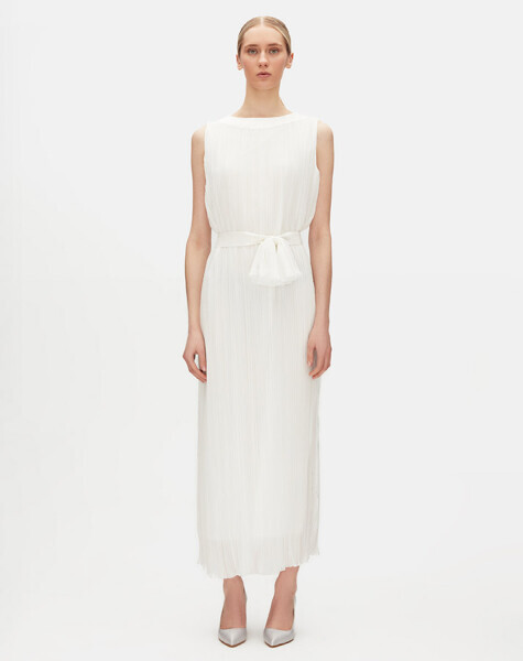 Kuşak Detaylı Tül Kolsuz Ekru Elbise 