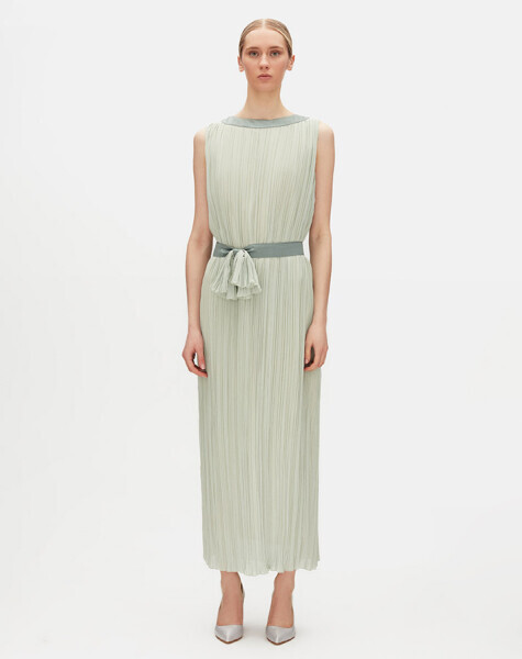 T25Y-4098 Kuşak Detaylı Tül Kolsuz Elbise STONE - 4