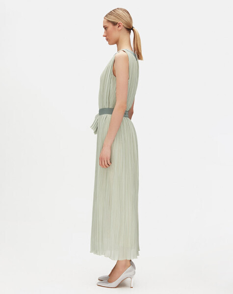 T25Y-4098 Kuşak Detaylı Tül Kolsuz Elbise STONE - 5