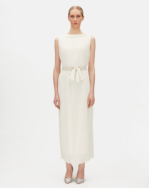 T25Y-4098 Kuşak Detaylı Tül Kolsuz Elbise STONE - 13