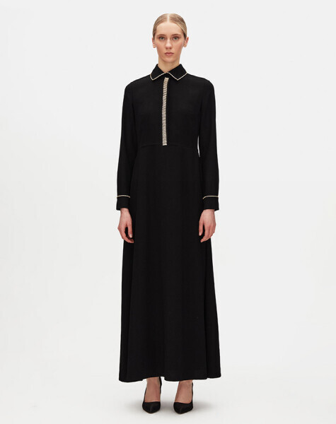 T25Y-4099 Taş Detaylı Gömlek Yaka Pamuklu Elbise BLACK - 1