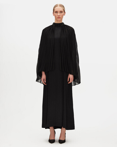 Pelerin Detaylı Taşlı Şık Siyah Elbise - 1