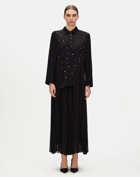 T25Y-4101 Kruvaze Kesim Taşlı Elbise BLACK - 1