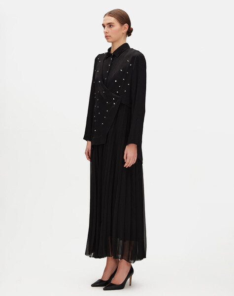 T25Y-4101 Kruvaze Kesim Taşlı Elbise BLACK - 3