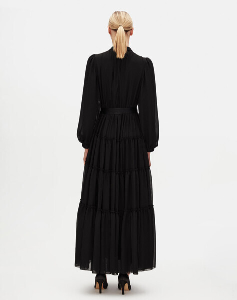 T25Y-4102 Fırfırlı Yuvarlak Yaka Şık Elbise BLACK - 2