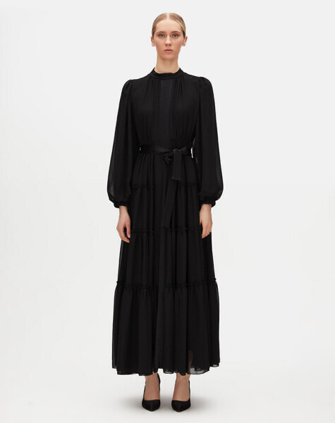 Fırfırlı Yuvarlak Yaka Şık Siyah Elbise - 1