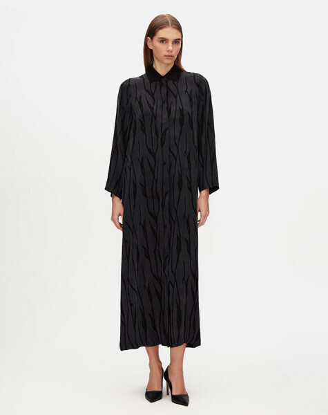 Gömlek Yaka Jakarlı Cupro Siyah Elbise - 1
