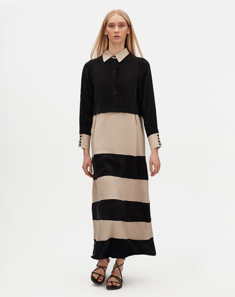 Cupro-Keten İki Renk Siyah Elbise - 1