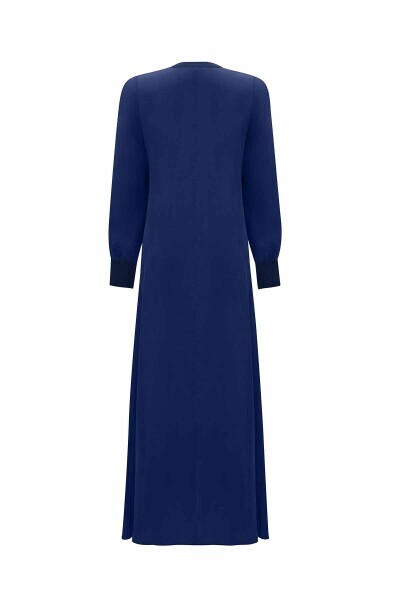 Triko Biyeli Düz Renk Cupro Lacivert Elbise - 2