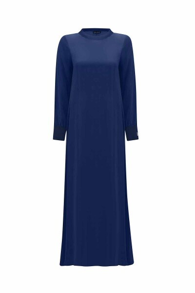 Triko Biyeli Düz Renk Cupro Lacivert Elbise - 1