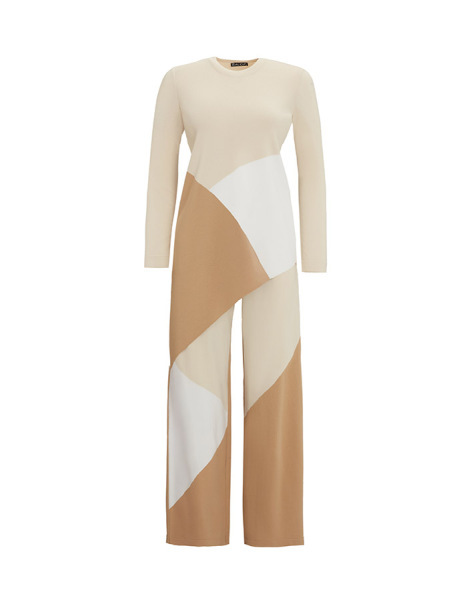 T25Y-6003 Asimetrik Kesim Renk Bloklu Triko Tunik 1021-SAND - 4
