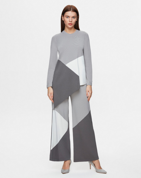 T25Y-6003 Asimetrik Kesim Renk Bloklu Triko Tunik 1179-GREY 