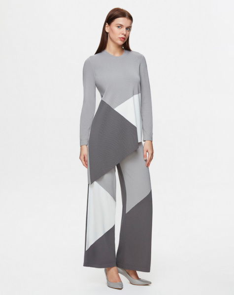 T25Y-6003 Asimetrik Kesim Renk Bloklu Triko Tunik 1179-GREY - 2