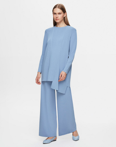 Bekletme Detaylı Asimetrik Kesim Triko 1112-LAVENDER Tunik - 2
