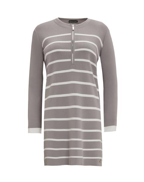 Yakası Fermuarlı Çizgili Triko Gri Tunik 