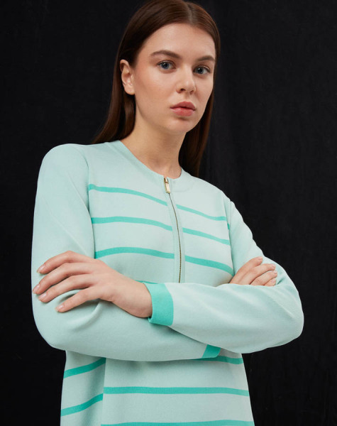 Yakası Fermuarlı Çizgili Triko Açık Yeşil Tunik - 2