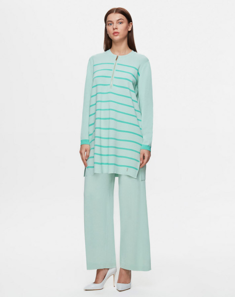 Yakası Fermuarlı Çizgili Triko Açık Yeşil Tunik - 1