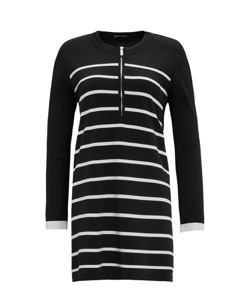 T25Y-6008 Yakası Fermuarlı Çizgili Triko Tunik BLACK - 1