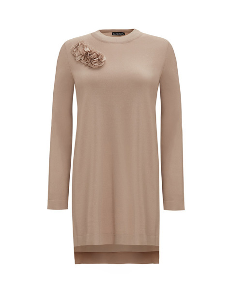 Arkası Cupro Önü Gül Broşlu Triko Taş Rengi Tunik - 1