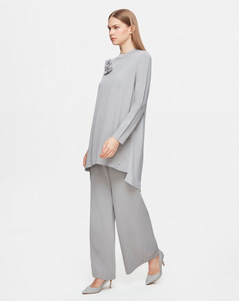 T25Y-6011 Arkası Cupro Önü Gül Broşlu Triko Tunik 1179-GREY - 3