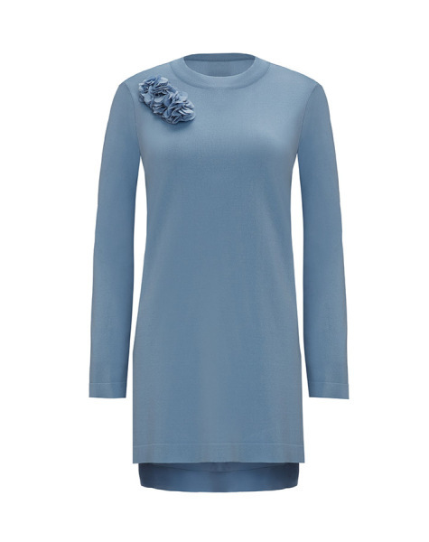 Arkası Cupro Önü Gül Broşlu Triko Mavi Tunik 