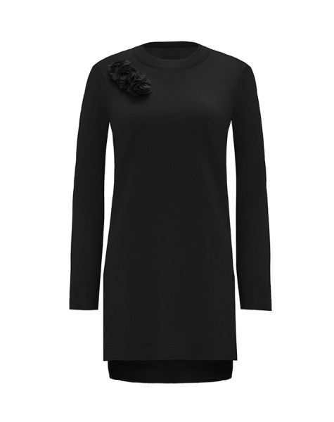 Arkası Cupro Önü Gül Broşlu Triko Siyah Tunik - 1