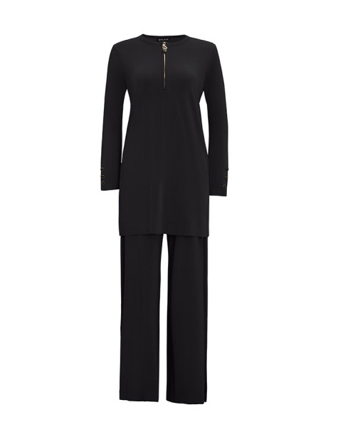 T25Y-6014 Yakası Fermuarlı Düz Renk Triko Tunik BLACK 